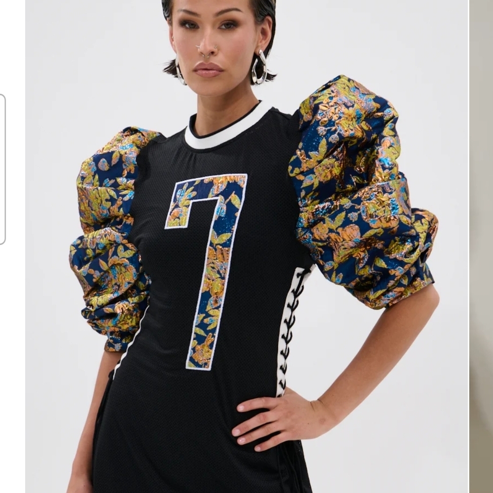 AKIRA Black Jersey Dress with Blue Green Zora and Orange Flowers